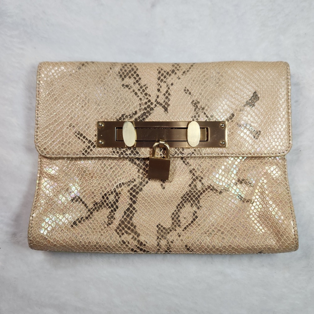 Alexis Hudson Snakeskin Embossed Leather Clutch Iridescent Beige Gold Lock Bag